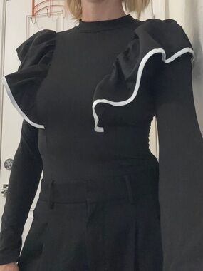 SHEIN Black Long-Sleeve Dress with White-Trim Ruffle Shoulders